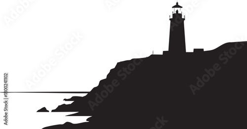 Silhouette of a tall lighthouse standing atop a coastal cliff against a white background