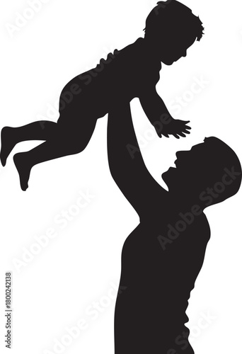 Silhouette shows a happy father playfully lifting his child high into the air