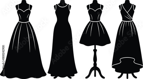 Dress silhouette on mannequin, fashion design, elegant styles, black vector icons, formal wear, stylish collection, flat vector illustration