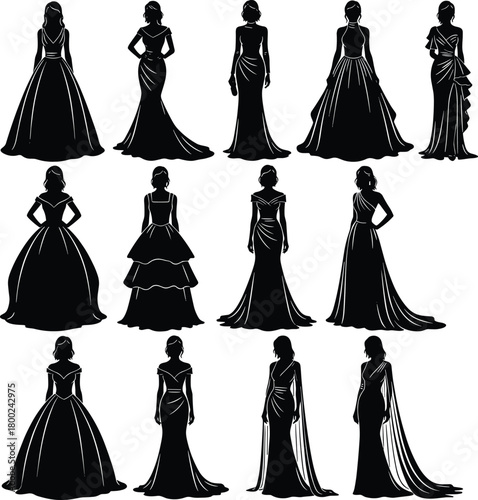 Evening gown silhouettes, formal dress styles, elegant fashion icons, black vector collection, stylish poses, flat design, flat vector illustration