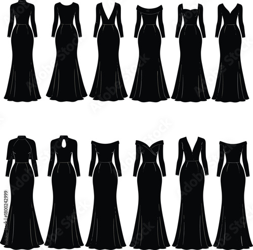 Evening gown silhouettes, formal fashion icons, elegant dress styles, black vector collection, stylish poses, flat design, flat vector illustration