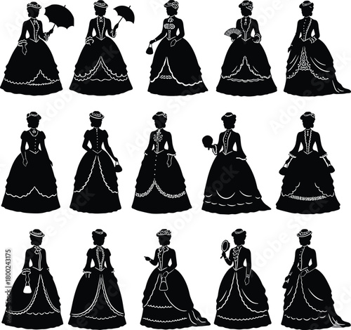Victorian women silhouettes, historical fashion, elegant gowns, vintage accessories, black vector icons, cultural style, flat design, flat vector illustration