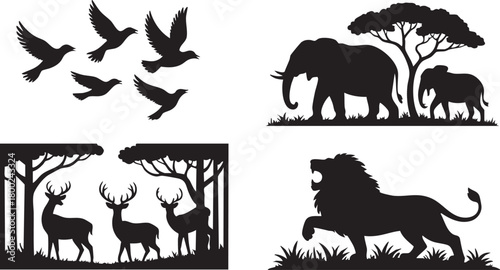 Silhouettes of birds, elephants, deer, and a roaring lion are featured on a white background