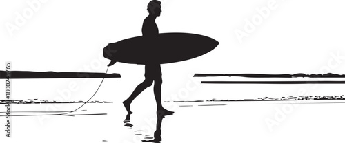 Surfer silhouette carries a surfboard, reflected on the beach, capturing simple elegance