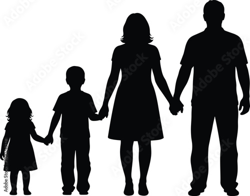 Black silhouette of a family holding hands on a white background father mother