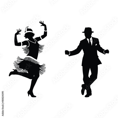 Black silhouette of a flapper woman dancing and a man in a suit and fedora vector