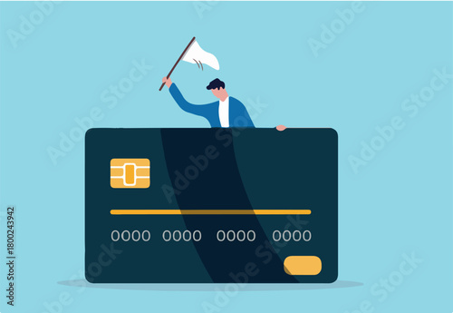 Credit card debt compromise, accept failure and negotiate with debtor concept, struggle bankruptcy man surrender carry and waving the white flag behind big credit card debt.