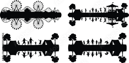 Black silhouette of amusement park rides and families camping with reflections black and white