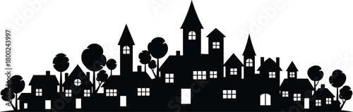 Foto Black silhouette of a whimsical village skyline with varied houses and trees tow