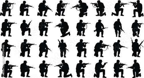 Black Silhouette Soldiers Posing with Rifles and Handgun on White Background military