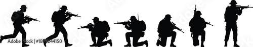 Black silhouette of soldiers in various combat poses with rifles military army