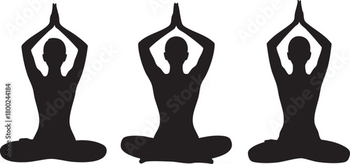 Three yoga women silhouettes peacefully meditate in lotus position with raised hands on a transparent background