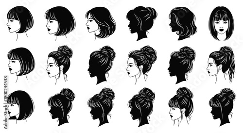 Collection of black and white female profile illustrations showcasing diverse hairstyles