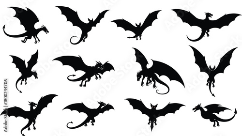 Collection of black dragon and bat silhouettes in various flying poses creature
