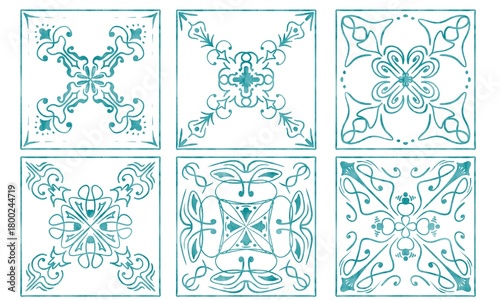 six tiles with blue watercolor patterns	