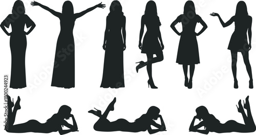 Collection of Black Female Silhouettes Posing in Various Dresses and Lying Down woman
