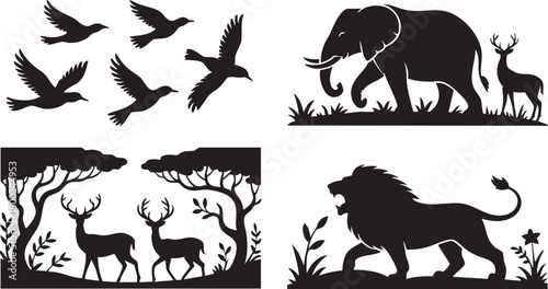 African wildlife silhouettes show birds flying above elephant, deer, and roaring lion in a clean layout