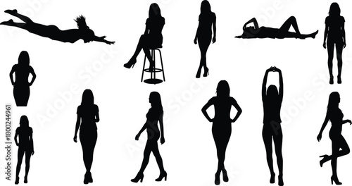 Collection of black female silhouettes in various poses on white background woman
