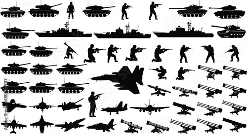 Collection of black silhouette military vehicles aircraft and soldiers army battle