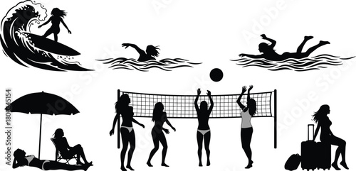 Collection of black silhouette illustrations of women enjoying beach and water activities