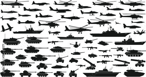 Collection of black silhouette military vehicles aircraft and weapons army navy