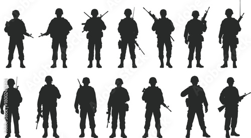 Collection of black silhouette soldiers with rifles and helmets against white background