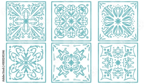 six tiles with blue watercolor patterns	