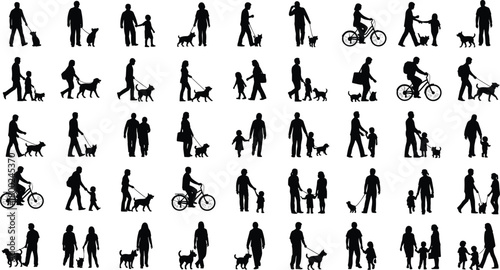 Collection of black silhouettes of people walking dogs and riding bicycles vector