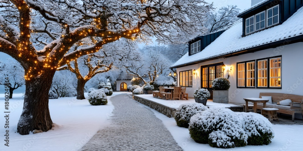 Obraz premium Cozy house in winter with festive outdoor decoration lights