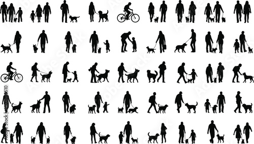 Collection of black silhouettes of people walking dogs and a person riding a bicycle