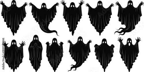 Collection of ten black cartoon ghosts with white eyes and outstretched hands on a white background