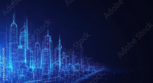 Futuristic city skyline illustration against a deep blue digital canvas