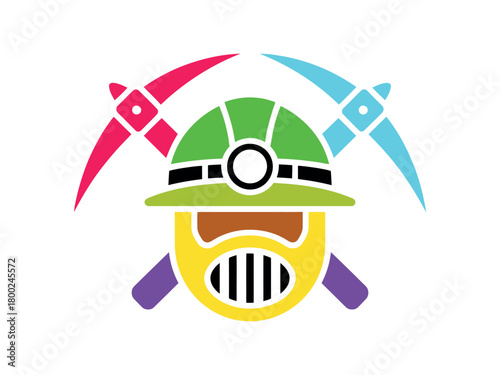 Mining helmet and crossed pickaxes symbolize industry and hard work.