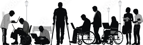 Diverse group of people using laptops and reading books with some individuals in wheelchairs and using crutches outdoors with lampposts