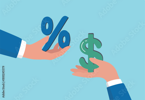 Investment profit earnings, interest rate or dividends percentage, offer discount or sale, income tax or make money concept, businessman hand offer percentage sign with other giving dollar money.