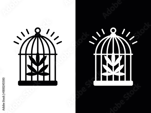 A cannabis leaf is depicted inside a birdcage, symbolizing restriction.