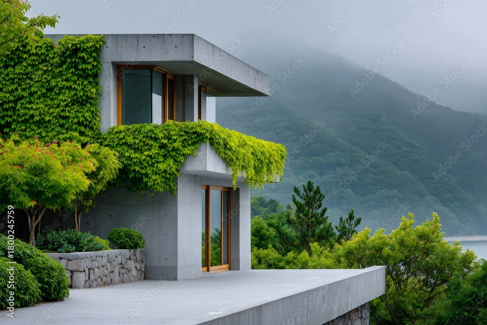 Obraz premium Modern concrete building integrating with green nature and mountains