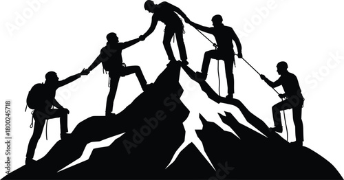 Five black silhouette climbers helping each other ascend a jagged mountain peak climbing