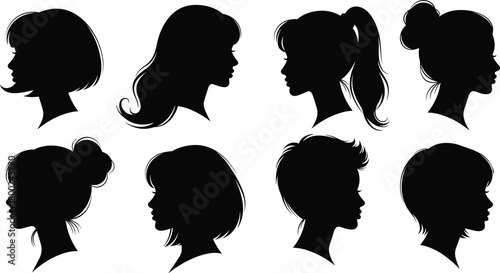 Eight Black Silhouette Profiles of Women with Diverse Hairstyles woman female
