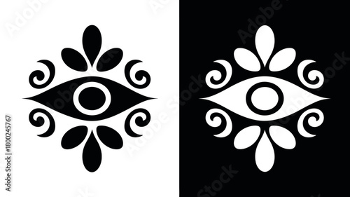 A stylized eye symbol in black and white appears on contrasting backgrounds.
