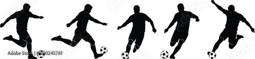 Five Black Silhouettes of Soccer Players in Action Kicking a Ball football