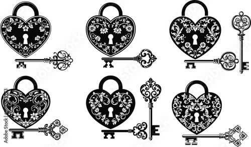 Ornate heart shaped padlock and vintage key silhouettes with floral embellishments