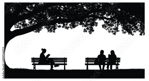 Silhouette of people on park benches under a large tree with leaves vector