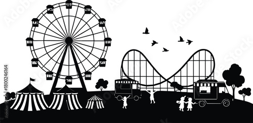 Silhouette of amusement park with Ferris wheel roller coaster tents and people carnival