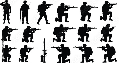 Silhouette soldiers in various combat poses with rifles and equipment military