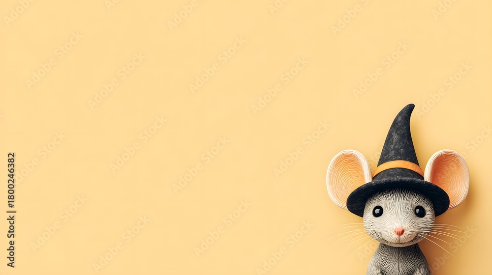 Obraz premium Small mouse wearing a black hat stands in front of a yellow background. The image has a playful and whimsical mood, as the mouse is dressed up like a witch
