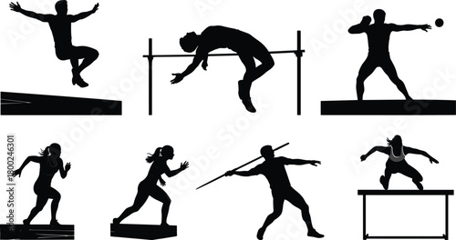 Silhouettes of athletes performing track and field events high jump shot put