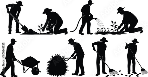 Silhouettes of gardeners performing various tasks including digging planting watering pruning raking and transporting soil