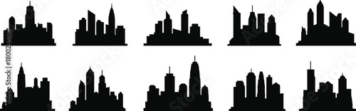Ten black city skyline silhouettes with varied building heights and shapes urban
