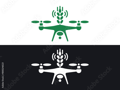 A drone icon with a wheat stalk and signal waves is displayed in green and white on black backgrounds.